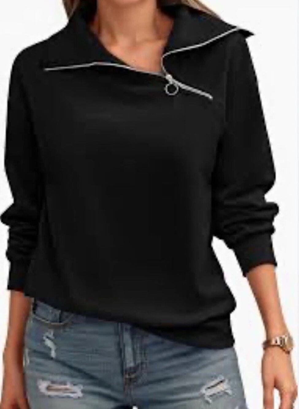 NEW Women’s Black 1/4 Zip Asymmetric Pullover Sweatshirt FISOEW Size Medium
